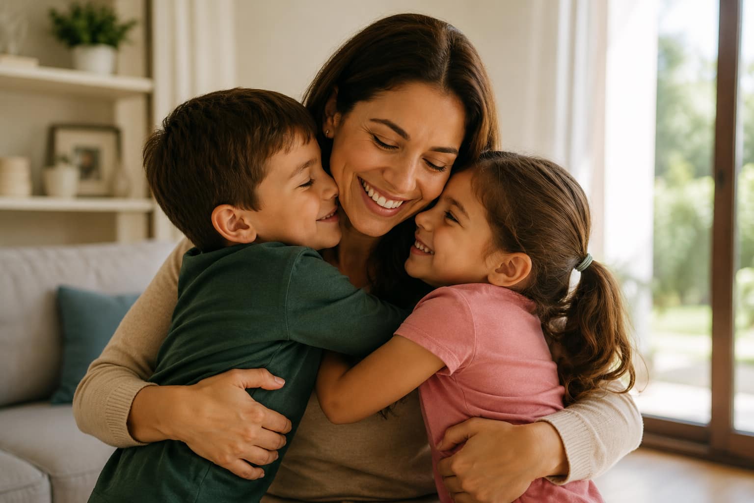 Mama recibe feliz a sus hijos